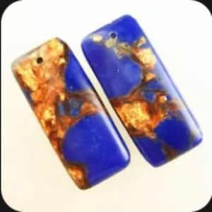Medium Blue Agate gold copper Bornite oblong rectangle necklace